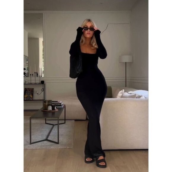 SKIMS Lounge Ribbed Long Sleeve Maxi Dress in Onyx Black Size Medium - Picture 12 of 16